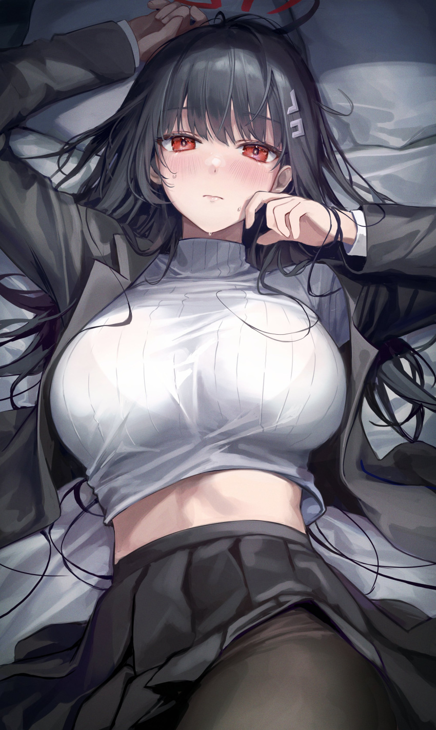 1girl absurdres aibek black_hair black_pantyhose black_skirt black_suit blue_archive blunt_bangs blush breasts closed_mouth embarrassed hair_ornament hairclip halo highres large_breasts long_hair long_sleeves looking_at_viewer lying midriff_peek on_back on_bed open_clothes pantyhose red_eyes red_halo rio_(blue_archive) skirt solo suit sweat sweater turtleneck turtleneck_sweater unkempt upper_body white_background white_sweater