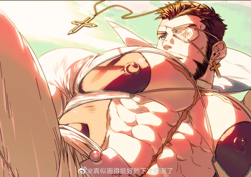 1boy abs bara beard covered_nipples cross cross_earrings cross_necklace earrings facial_hair from_above highres jewelry large_pectorals male_focus mature_male muscular muscular_male mustache navel necklace omedemidori original pasties pectoral_cleavage pectoral_focus pectorals priest short_hair solo spread_legs thick_eyebrows thick_thighs thighs