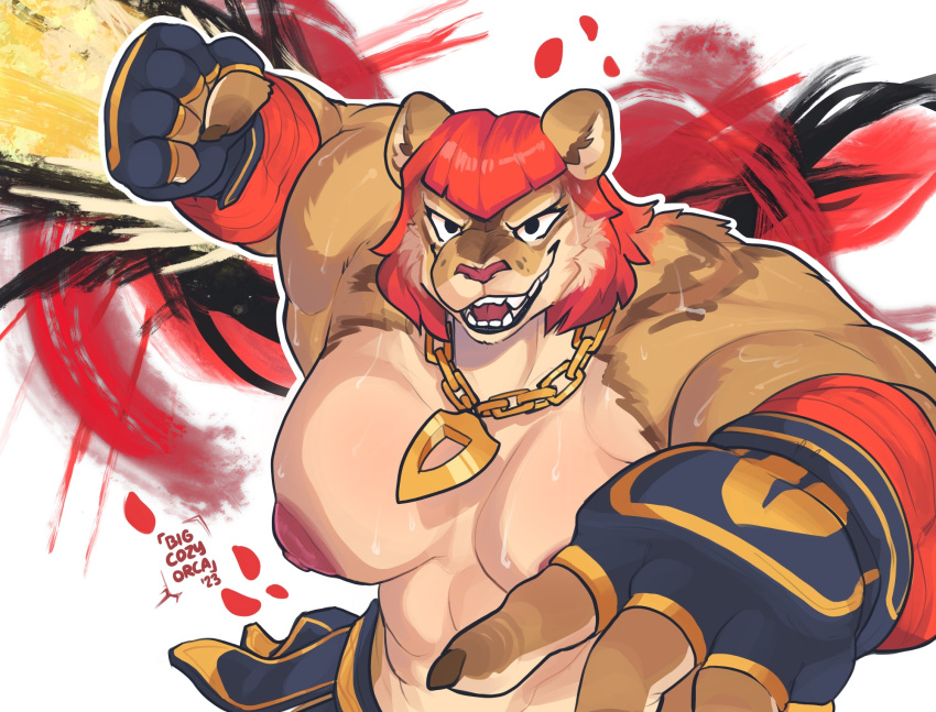 action_pose alternate_species anthro big_breasts bigcozyorca breasts capcom clothed clothing fangs felid female fingerless_gloves fist fur furrification gloves hair handwear hi_res lion mammal marisa_(street_fighter) muscular muscular_anthro muscular_female nipples pantherine pose red_hair smile solo street_fighter tan_body tan_fur teeth topless