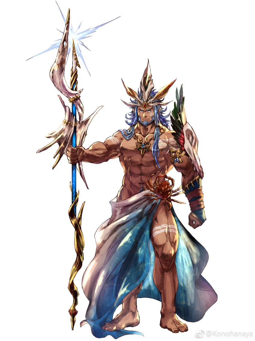 1boy abs absurdres animal_skull armlet bara barefoot beard blue_hair crown dark-skinned_male dark_skin facial_hair front_ponytail frown full_body gold_necklace hat_feather highres holding holding_staff huge_weapon jewelry konohanaya large_pectorals long_hair looking_at_viewer male_focus mature_male muscular muscular_male navel navel_hair necklace original pectorals planted sanpaku skull_pauldron solo staff stomach tachi-e tattoo thick_eyebrows tribal tribal_tattoo vambraces weapon