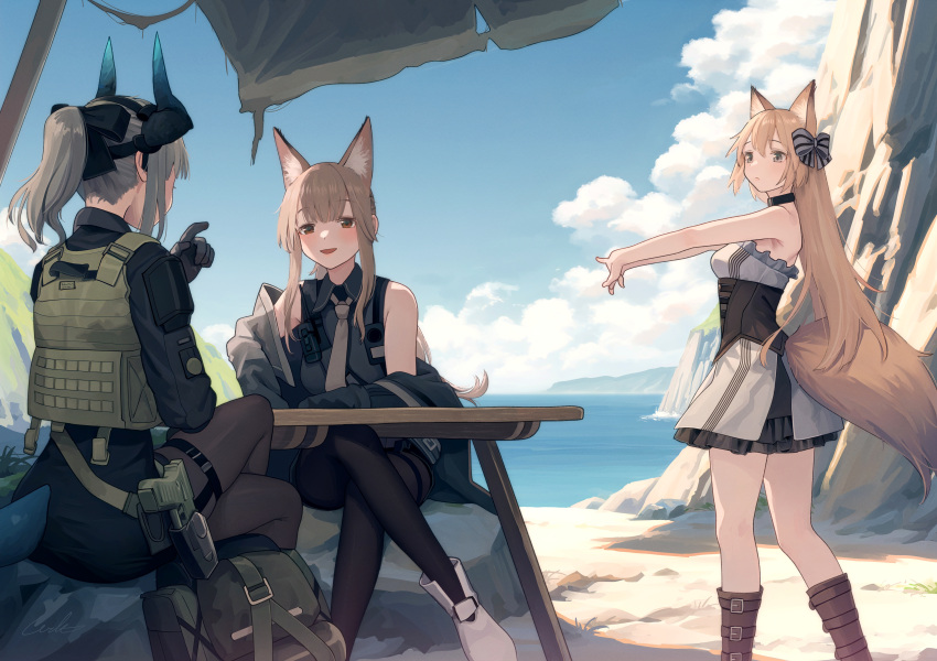 3girls absurdres animal_ear_fluff animal_ears arknights black_pantyhose black_shirt blue_sky boots bow breeze_(arknights) brown_footwear brown_hair chinese_commentary closed_mouth cloud commentary_request crossed_legs day dragon_girl dragon_horns dress fox_ears fox_girl fox_tail franka_(arknights) grey_bow grey_hair hair_bow highres horns liskarm_(arknights) long_hair medium_hair multiple_girls necktie open_mouth outdoors pantyhose ponytail shirt short_dress sitting sky sleeveless sleeveless_shirt standing strapless strapless_dress striped striped_bow tail welt_(kinsei_koutenkyoku) white_footwear white_necktie