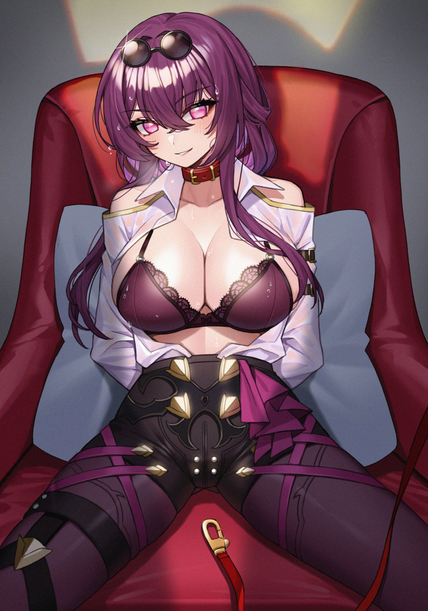 1girl absurdres arms_behind_back ass_visible_through_thighs bare_shoulders black_shorts bra breasts chair cleavage clothing_cutout collar collared_shirt eyewear_on_head gold_trim highres honkai:_star_rail honkai_(series) kafka_(honkai:_star_rail) lace-trimmed_bra lace_trim large_breasts leash long_sleeves nanni_jjang open_clothes open_shirt pantyhose parted_lips pillow pink_eyes purple_bra purple_hair purple_pantyhose round_eyewear see-through shirt short_shorts shorts shoulder_cutout sitting smile solo spread_legs string_bra sunglasses thigh_strap tinted_eyewear underwear wet wet_clothes wet_shirt white_shirt