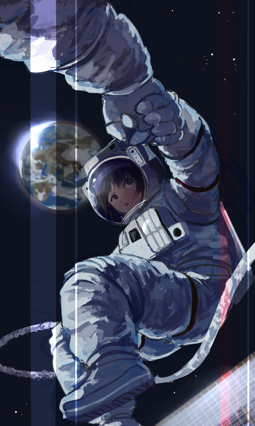 1other 23el absurdres androgynous astronaut black_hair earth_(planet) floating highres holding_hands looking_at_another original planet shoe_soles space space_helmet spacesuit star_(sky) tagme