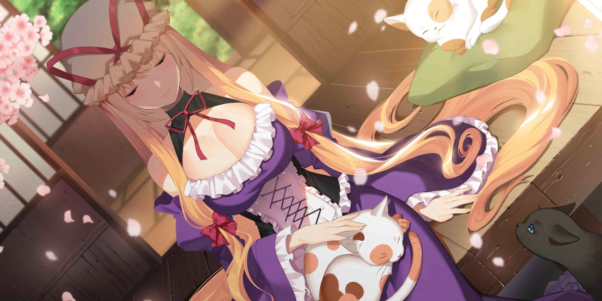 1girl absurdly_long_hair animal_on_lap bare_shoulders black_cat black_collar blonde_hair breasts calico cat cat_on_lap cherry_blossoms cleavage closed_eyes closed_mouth collar cushion dress dutch_angle facing_viewer frilled_sleeves frills hat hat_ribbon highres large_breasts lips long_hair long_sleeves mob_cap neck_ribbon non-web_source off-shoulder_dress off_shoulder official_art on_lap outdoors petting purple_dress red_ribbon ribbon roh_nam_kyung second-party_source sitting smile touhou touhou_lost_word veranda very_long_hair white_headwear wide_sleeves yakumo_yukari
