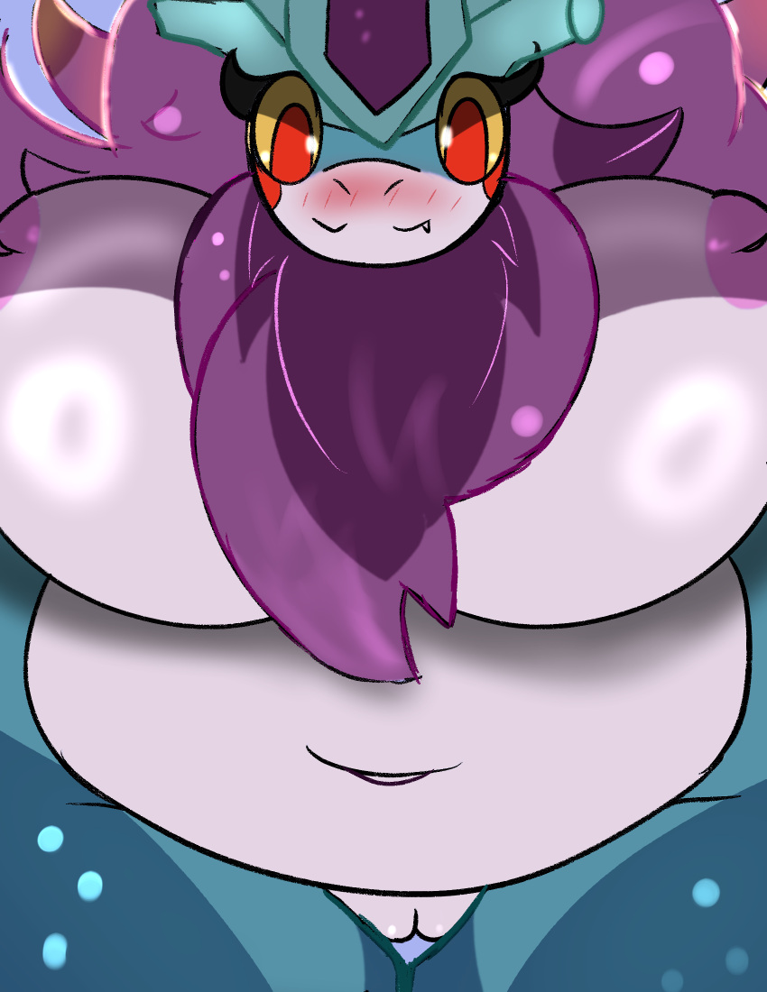 2023 ancient_pokemon anthro areola big_breasts blue_body blush blush_lines breasts chest_tuft chubby_female curvy_figure female front_view generation_9_pokemon genitals hair hi_res inverted_nipples looking_at_viewer looking_down looking_down_at_viewer low-angle_view miyang_draws! multicolored_body navel nintendo nipples nude paradox_pokemon pink_areola pokemon pokemon_(species) purple_hair pussy red_eyes smile snaggle_tooth solo thigh_gap tuft voluptuous walking_wake worm's-eye_view