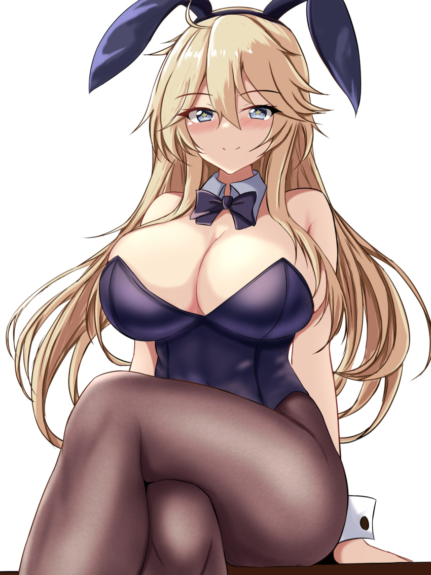 1girl alternate_costume animal_ears arms_behind_back bare_shoulders black_bow black_bowtie black_leotard black_pantyhose blonde_hair blue_eyes blush bow bowtie breasts closed_mouth commentary_request covered_navel crossed_legs detached_collar fake_animal_ears highleg highleg_leotard highres iowa_(kancolle) kantai_collection large_breasts leotard long_hair looking_at_viewer montemasa pantyhose playboy_bunny rabbit_ears rabbit_tail simple_background sitting smile solo split_mouth star-shaped_pupils star_(symbol) strapless strapless_leotard symbol-shaped_pupils tail thighs white_background wrist_cuffs