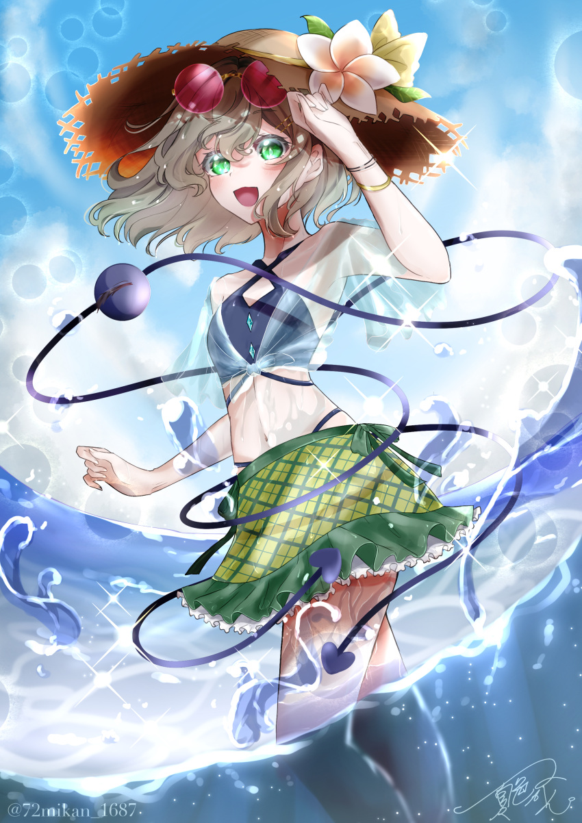 1girl 72mikan_1687 :d absurdres alternate_costume bare_shoulders bikini blue_bikini blue_sky blush bracelet breasts buttons commentary_request criss-cross_halter day diamond_button eyelashes eyewear_on_head feet_out_of_frame floating_hair flower frilled_skirt frills green_eyes green_skirt grey_hair hair_between_eyes hair_ornament hairclip halterneck hand_up happy hat hat_flower highres jewelry komeiji_koishi looking_at_viewer midriff miniskirt navel open_mouth outdoors plaid plaid_skirt red-tinted_eyewear round_eyewear see-through see-through_shirt short_hair short_sleeves signature skirt sky small_breasts smile solo sparkle standing straw_hat sunglasses swimsuit third_eye tinted_eyewear touhou twitter_username wading water water_drop wavy_hair white_flower