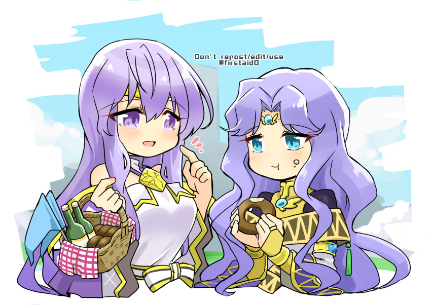 2girls basket blue_eyes bottle circlet dress eating fire_emblem fire_emblem:_genealogy_of_the_holy_war fire_emblem:_thracia_776 flag food food_on_face holding holding_basket holding_food jewelry julia_(fire_emblem) long_hair looking_at_another multiple_girls purple_eyes purple_hair sara_(fire_emblem) simple_background yukia_(firstaid0)