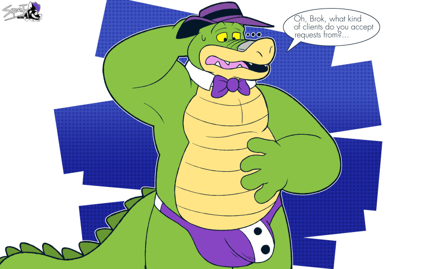 2023 4_fingers absurd_res alligator alligatorid anthro bow_tie brok_(character) brok_the_investigator bulge clothing crocodilian dialogue english_text fingers green_body hat headgear headwear hi_res humanoid_hands male reptile scalie simple_background slightly_chubby solo text underwear zkrinaceinae