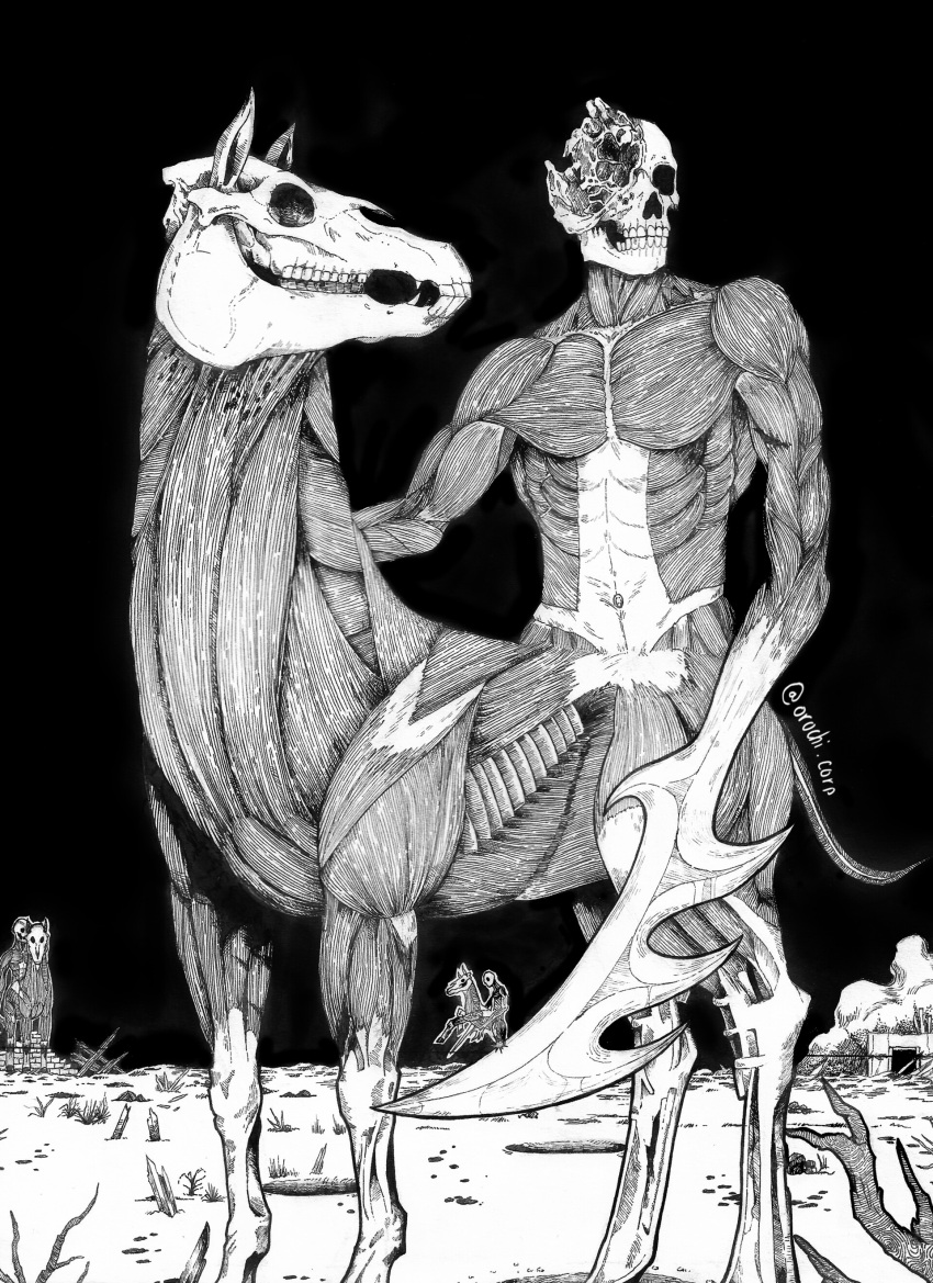 1_eye abs absurd_res ambiguous_gender anthro artist_name black_and_white bone clenched_teeth deltoids equid equine eyeless galloping grass group hi_res hooves horse humanoid king_orochi looking_at_viewer male mammal melee_weapon monochrome muscular muscular_anthro muscular_male navel night nuckelavee nude outside plant running scp-3456 skinless skull skull_head solo_focus standing taur teeth traditional_media_(artwork) trio unusual_form weapon weapon_arm