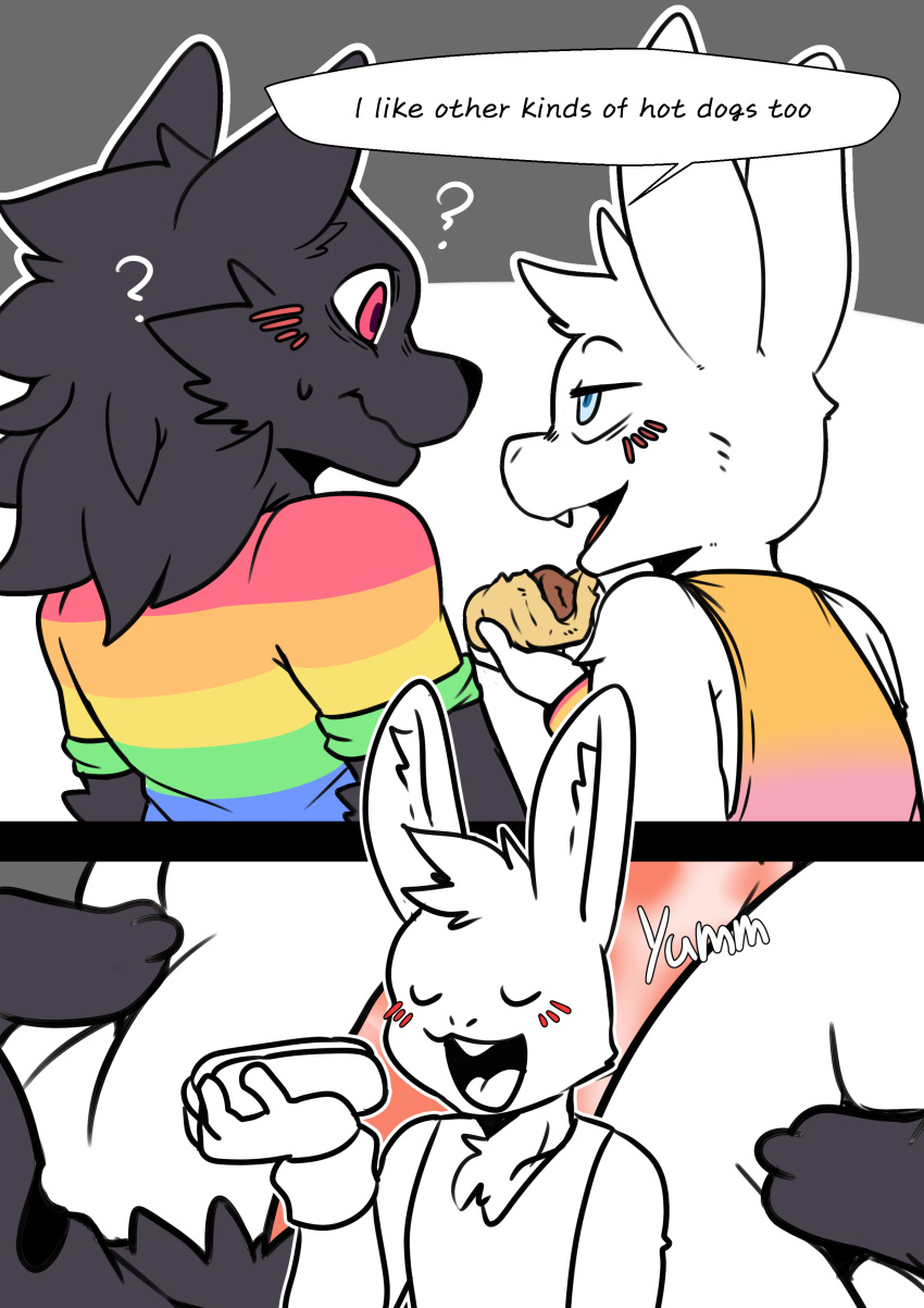 absurd_res blush canid canine canis clothing duo eating food hi_res hot_dog i_think_i_like_you lagomorph leon_(i_think_i_like_you) leporid lgbt_pride male male/male mammal pride_color_clothing pride_colors question_mark rabbit saku1saya sky_(i_think_i_like_you) teasing wolf