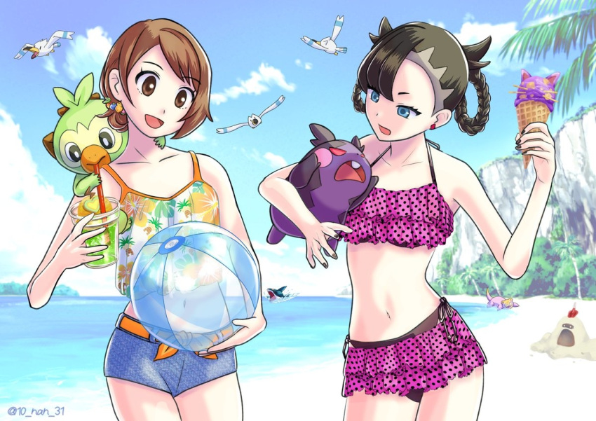 2girls asymmetrical_bangs ball beach beachball bikini bikini_over_clothes black_bikini black_hair black_nails blue_eyes breasts brown_eyes brown_hair drink drinking_straw earrings folded_braid frilled_bikini frills galarian_slowpoke gloria_(pokemon) grookey holding holding_ball holding_beachball holding_drink holding_ice_cream holding_pokemon jewelry juunanzai marnie_(pokemon) midriff morpeko morpeko_(hangry) multiple_girls nail_polish navel ocean on_shoulder open_mouth palm_tree pokemon pokemon_(creature) pokemon_(game) pokemon_on_shoulder pokemon_swsh purple_bikini sandygast sharpedo short_hair short_shorts shorts side-tie_bikini_bottom small_breasts smile swimsuit tank_top tree wingull