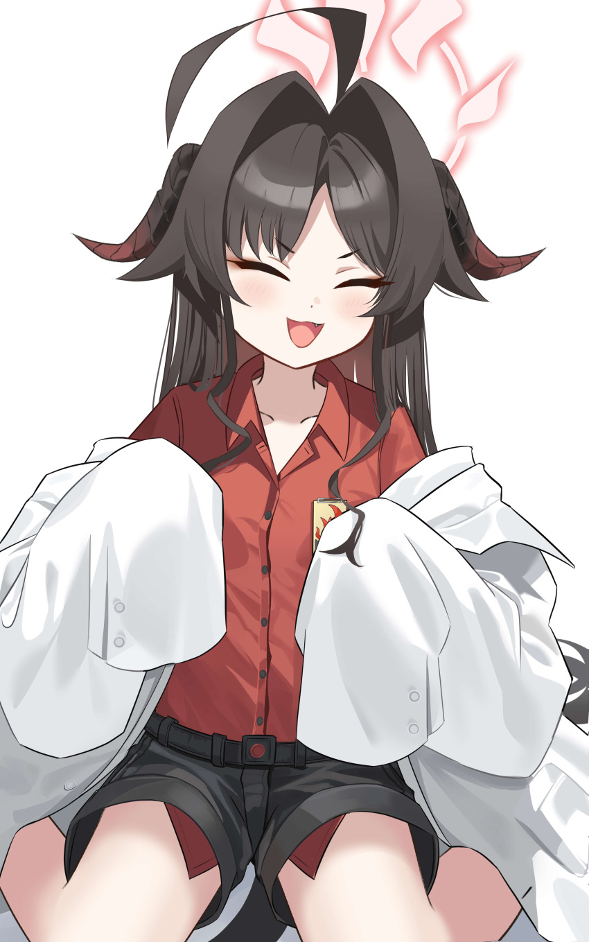 1girl absurdres ahoge black_hair black_horns black_shorts black_tail blue_archive blush closed_eyes coat collared_shirt demon_horns fang hair_intakes halo highres horns kasumi_(blue_archive) lab_coat long_hair open_mouth red_halo red_shirt shirt shirt_tucked_in shorts simple_background sleeves_past_fingers sleeves_past_wrists smile solo wasi white_background white_coat