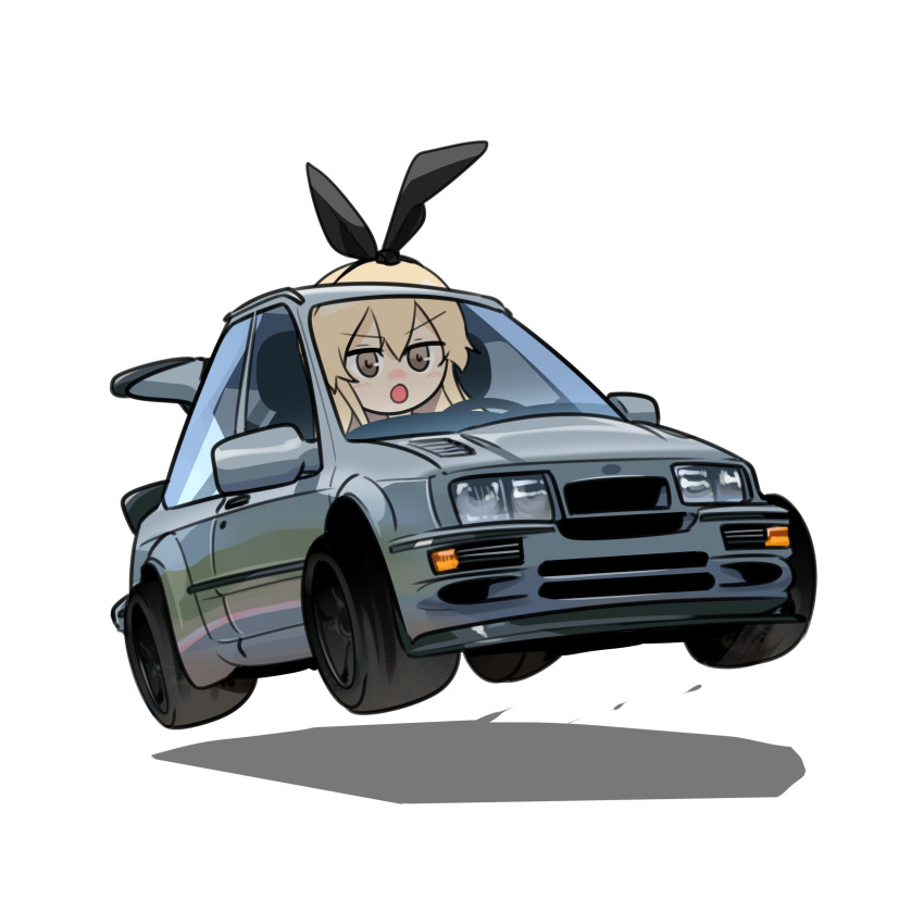 1girl :o absurdres airborne black_ribbon blonde_hair brown_eyes driving english_commentary ford_sierra hair_ribbon highres holeecrab kantai_collection long_hair open_mouth ribbon shadow shimakaze_(kancolle) solo spoiler_(automobile) v-shaped_eyebrows vehicle_focus