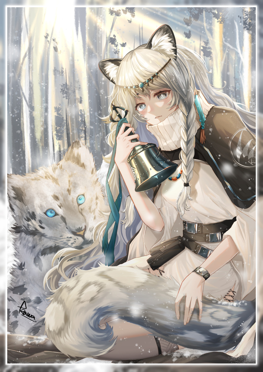 1girl absurdres animal animal_ears arknights bell blue_eyes blue_ribbon braid breasts bright_pupils cloak dress forest grey_hair grey_thighhighs hair_ornament highres holding holding_bell indoors jewelry kawausoman kjerag_logo leopard_ears leopard_girl leopard_tail long_hair long_sleeves nature necklace pramanix_(arknights) ribbon side_braids signature sitting small_breasts snow_leopard snowing solo sun sunlight sunrise tail thighhighs tiara turtleneck watch white_dress white_hair white_pupils winter wristwatch