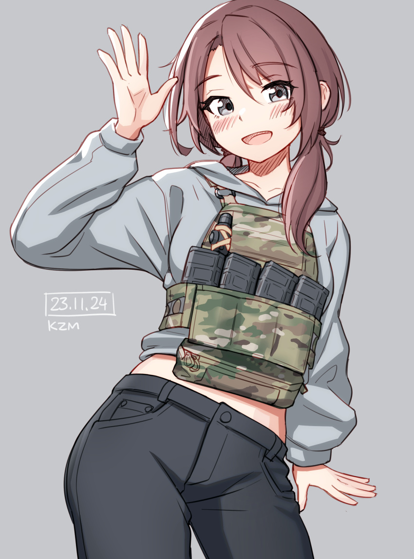 1girl absurdres black_pants blue_background blue_eyes blue_sweater borrowed_character brown_hair camouflage chest_rig highres kzm_(sub-moa_works) long_sleeves looking_at_viewer low_twintails magazine_(weapon) midriff navel original pants smile solo sweater twintails waving woodland_camouflage