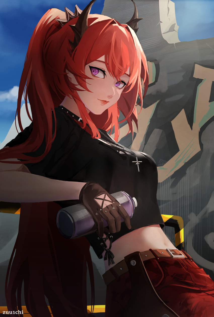 1girl absurdres arknights artist_name belt black_footwear black_gloves blue_sky breasts can closed_mouth commentary crop_top cross cross_necklace day demon_horns gloves graffiti highres holding holding_can horns jewelry long_hair looking_at_viewer medium_breasts navel necklace outdoors ponytail purple_eyes red_hair red_lips red_shorts short_sleeves shorts sky smile solo spray_paint surtr_(arknights) surtr_(liberte_echec)_(arknights) upper_body zuuichi