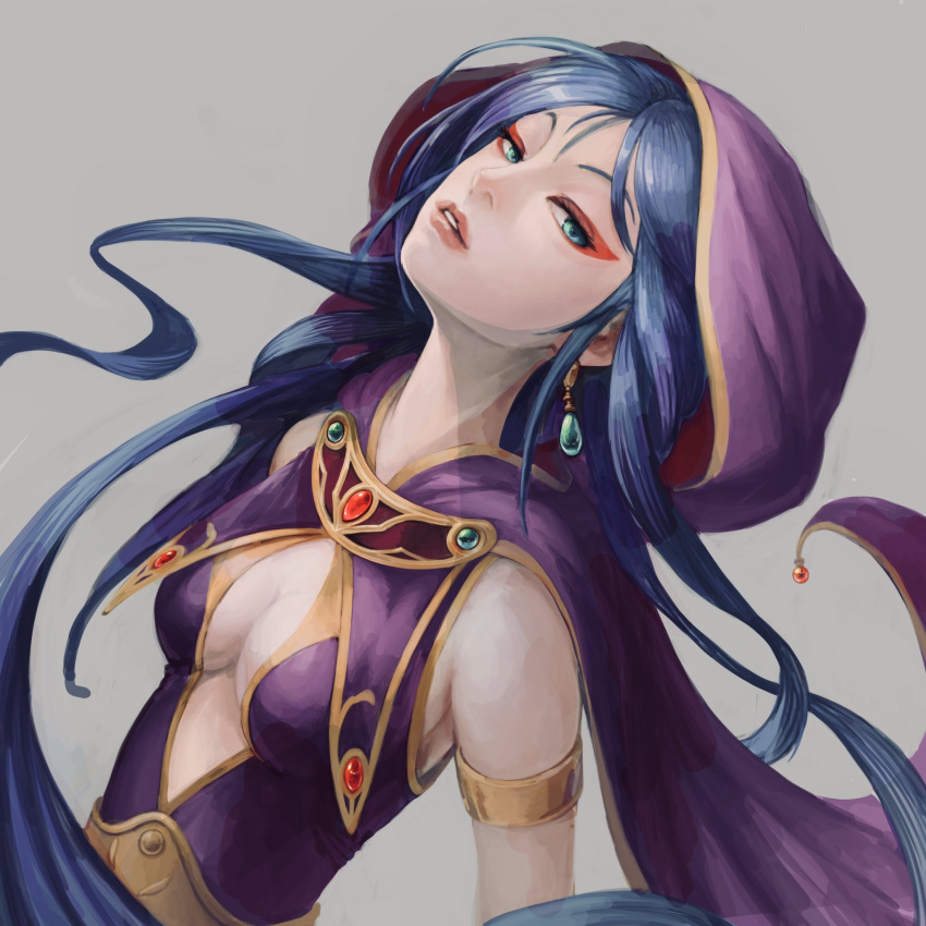 1girl blue_eyes blue_hair breasts breath_of_fire breath_of_fire_i deis dress earrings eyeshadow highres hood jewelry lips long_hair looking_at_viewer makeup otno simple_background solo