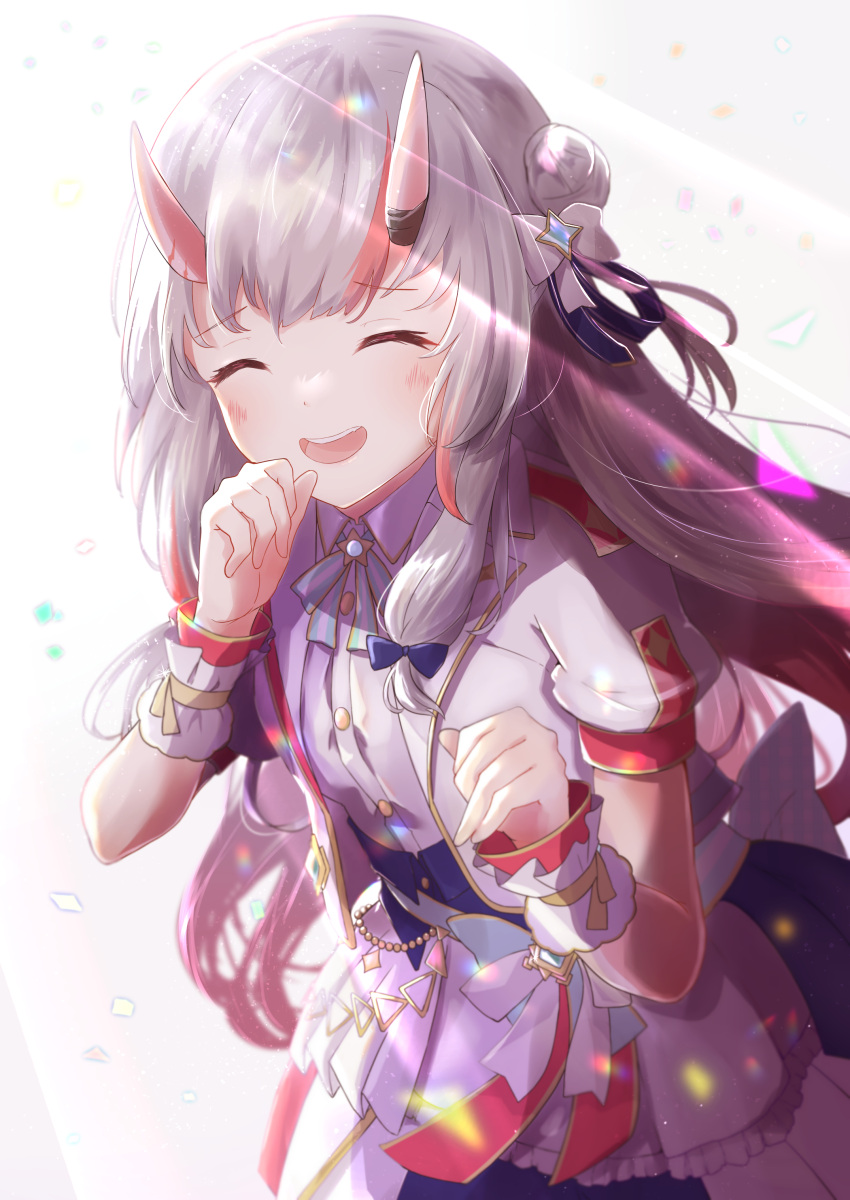 1girl absurdres blush closed_eyes commentary_request confetti hair_between_eyes hair_bun hair_ribbon highres hilamaru hololive hololive_idol_uniform_(bright) horns long_hair looking_at_viewer multicolored_hair nakiri_ayame oni_horns open_mouth red_hair ribbon sidelocks smile solo streaked_hair virtual_youtuber white_background white_hair wrist_cuffs