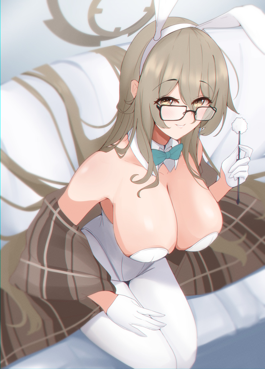 1girl absurdres akane_(blue_archive) akane_(bunny)_(blue_archive) animal_ears blue_archive bow bowtie breasts brown_scarf cleavage fake_animal_ears glasses gloves hair_between_eyes hair_flowing_over halo highres leotard looking_at_viewer maruneco official_alternate_costume playboy_bunny scarf smile white_leotard