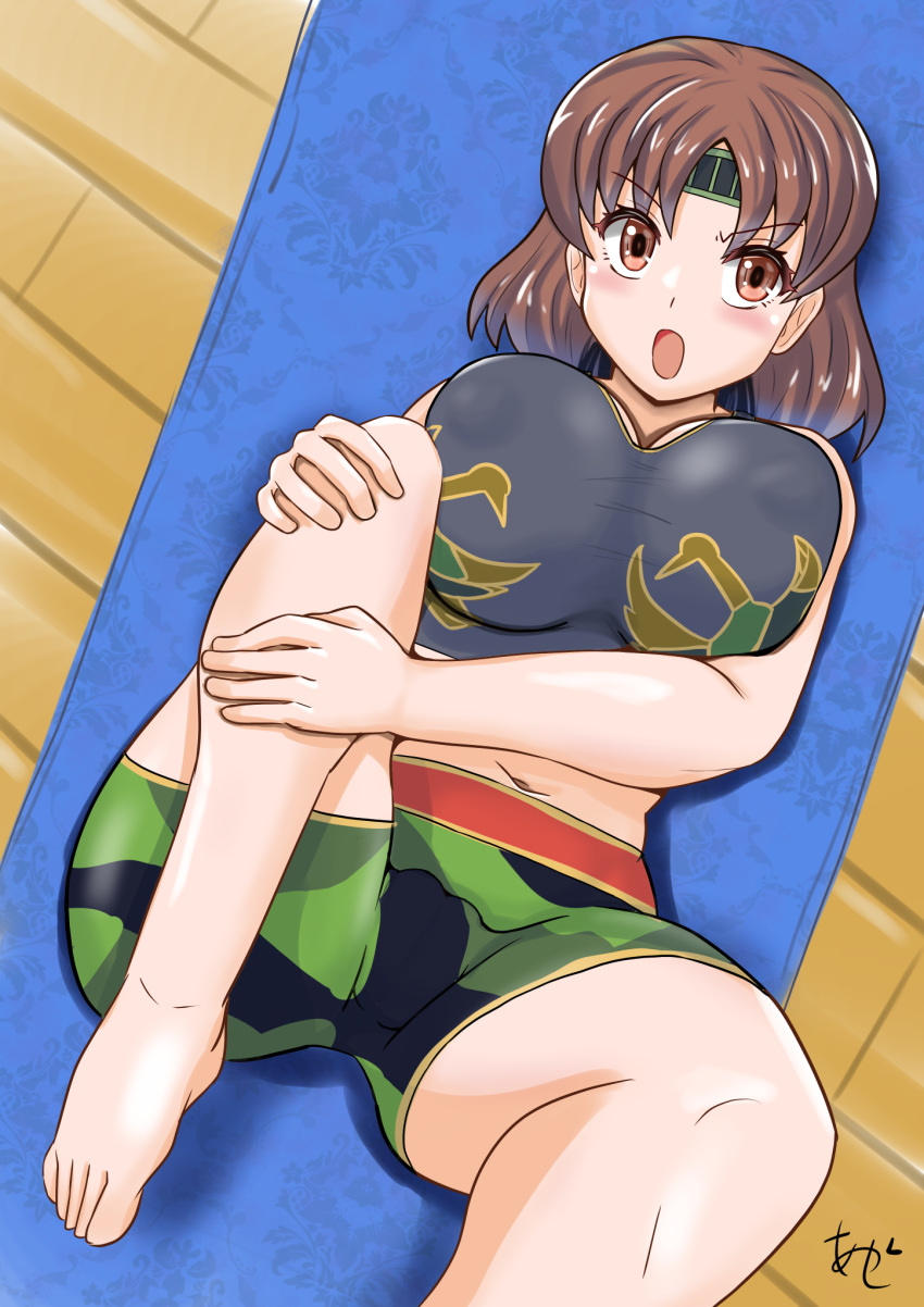 1girl akashieru alternate_costume animal_print barefoot bike_shorts bird_print bra brown_eyes camouflage chiyoda_(kancolle) commentary_request green_shorts grey_bra headband highres kantai_collection lying midriff navel one-hour_drawing_challenge short_hair shorts solo sports_bra stretching tank_top underwear yoga_mat