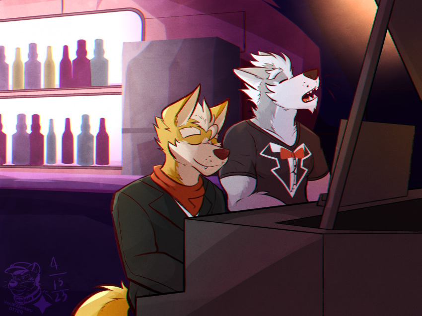 2023 anthro bar bottle canid canine canis clothed clothing container dated duo eyebrows eyes_closed fox fox_mccloud fur hair hi_res inside jacket keyboard_instrument male mammal musical_instrument neckerchief nintendo open_mouth piano playing_music shirt singing sitting smile star_fox suit t-shirt teeth tongue topwear tuft tuxedo_shirt ventkazemaru watermark wolf wolf_o'donnell