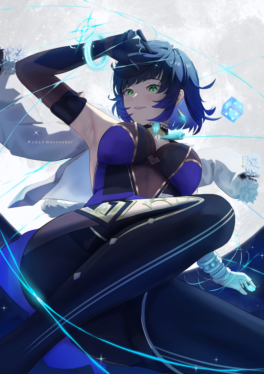 1girl absurdres arm_up armpits asymmetrical_gloves bead_choker black_gloves blue_dress blue_hair bob_cut bracelet breasts diagonal_bangs dice dress elbow_gloves from_below fur-trimmed_jacket fur_trim genshin_impact gloves green_eyes highres huge_moon jacket jacket_on_shoulders jewelry knees_up large_breasts leg_up light_particles massoukei mismatched_gloves moon multicolored_hair night night_sky outstretched_arm parted_lips short_hair sidelocks single_elbow_glove sky solo tassel tassel_choker thread white_gloves yelan_(genshin_impact)