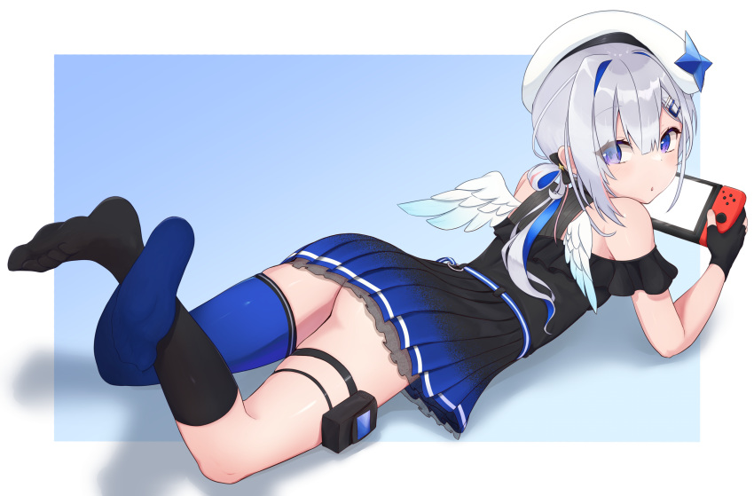 1girl amane_kanata angel_wings ass asymmetrical_legwear bare_shoulders beret black_dress black_gloves black_socks blue_background blue_dress blue_eyes blue_thighhighs border bow colored_inner_hair commentary crossed_legs dress english_commentary feathered_wings feet feet_up frilled_dress frills full_body gloves gradient_dress grey_hair hair_between_eyes hair_bow hair_ornament hairclip hat highres holding hololive kneehighs legs looking_back lying mini_wings mismatched_legwear multicolored_hair nintendo_switch no_shoes official_alternate_costume on_stomach partially_fingerless_gloves pleated_dress shadow shiny_skin sidelocks socks soles solo telomere the_pose thigh_pouch thighhighs thighs toes virtual_youtuber white_border white_headwear wings