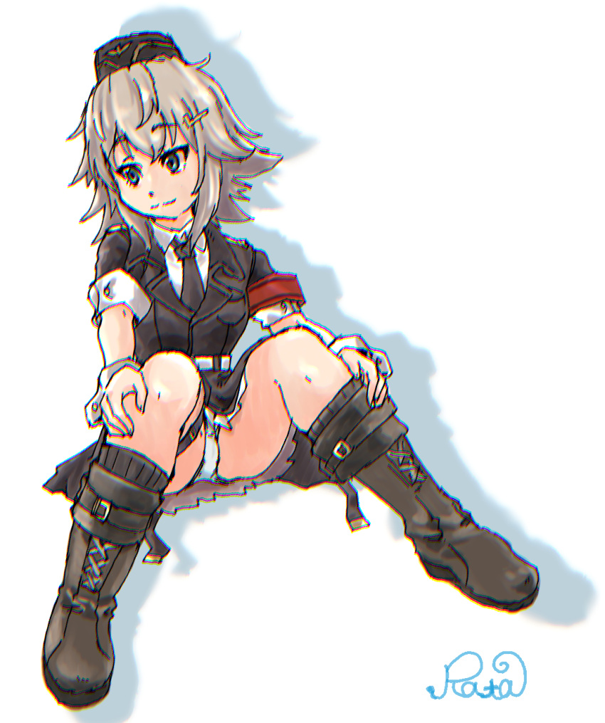 1girl armband artist_name black_coat black_headwear black_necktie black_socks blonde_hair blue_eyes boots brown_footwear chromatic_aberration coat commentary_request full_body garrison_cap girls'_frontline hair_ornament hairclip hands_on_own_knees hat highres light_smile looking_to_the_side military military_hat military_uniform mp41_(girls'_frontline) necktie panties pantyshot rata_(rata19841009) red_armband shadow shirt short_hair short_sleeves simple_background sitting socks solo thigh_strap underwear uniform upskirt white_background white_panties white_shirt white_wrist_cuffs wrist_cuffs