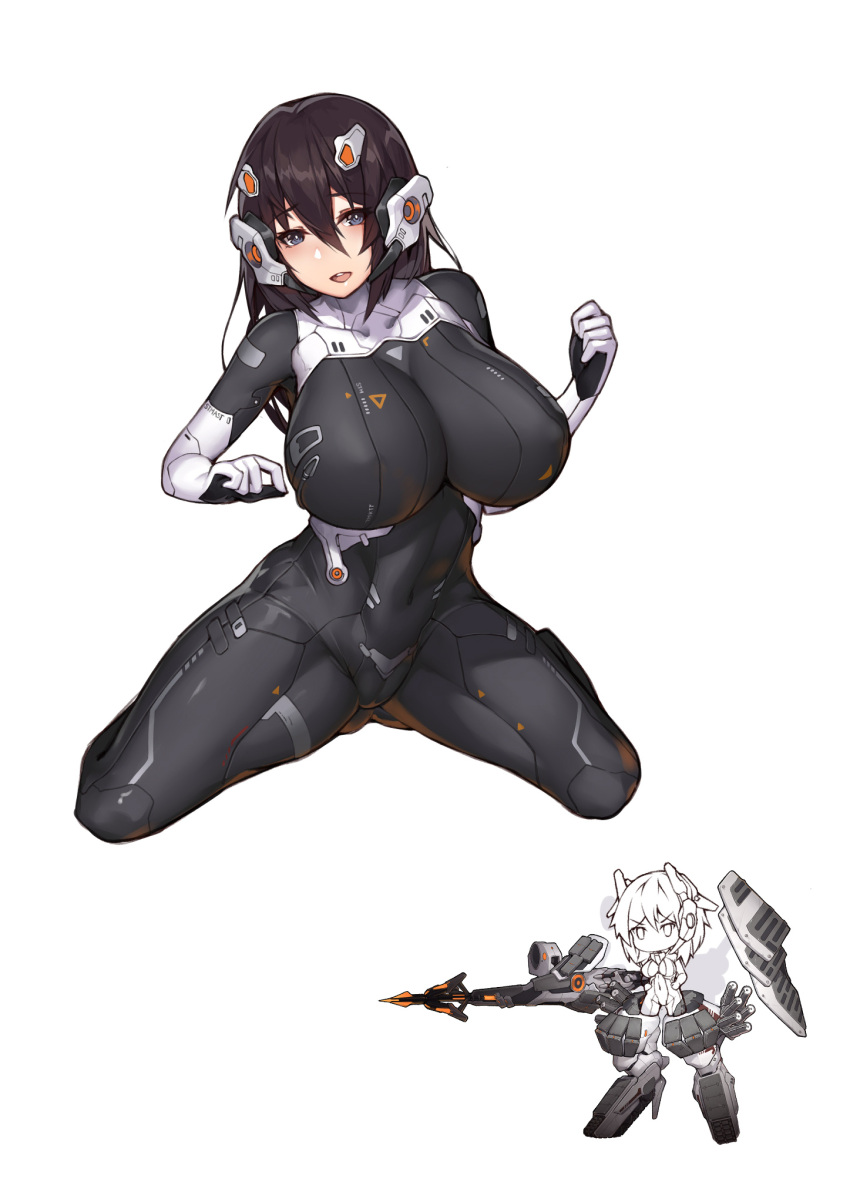 1girl blue_eyes bodysuit breasts brown_hair caterpillar_tracks chibi chibi_inset commentary_request covered_navel covered_nipples digitigrade haze/reverb headgear highres holding holding_polearm holding_weapon huge_breasts impossible_bodysuit impossible_clothes kneeling lance mecha_musume polearm stmast weapon white_background