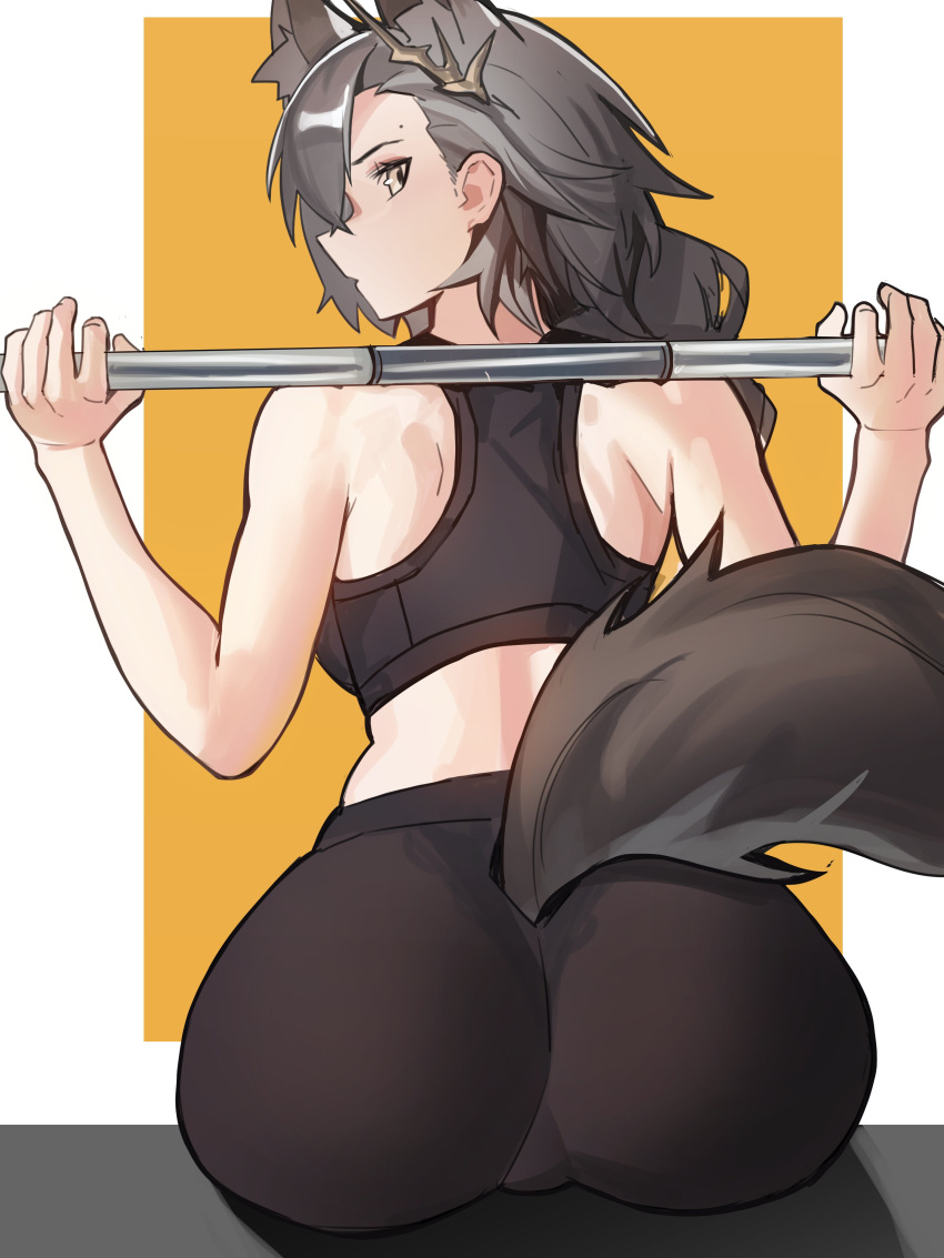 1girl absurdres animal_ear_fluff animal_ears arknights ass back barbell bare_arms bare_shoulders black_pants black_sports_bra braid brown_eyes brown_hair distr english_commentary exercise extra_ears from_behind hair_behind_ear highres long_hair looking_at_viewer looking_back mole mole_above_eye orange_background pants penance_(arknights) shoulder_blades sitting solo sports_bra tail tail_through_clothes weightlifting wolf_ears wolf_girl wolf_tail