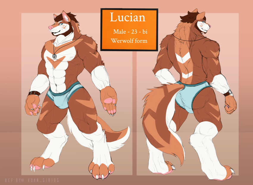 anthro bulge canid canine claws clock clothing facial_hair fur hair hi_res jewelry lucian_claymore_(candygurl) male mammal model_sheet muscular necklace orange_body orange_fur pawpads solo tail underwear watch were werecanid werecanine werewolf xuan_sirius