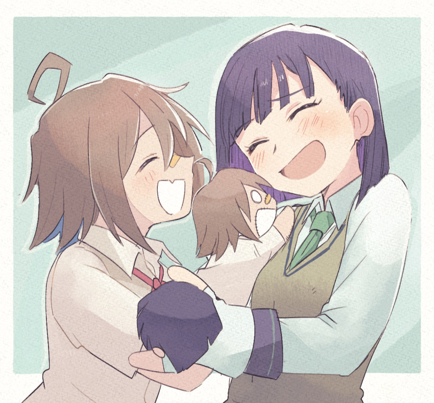 2girls :d ahoge bandaid bandaid_on_face bandaid_on_nose black_hair blue_hair blunt_bangs blunt_ends blush bob_cut character_doll closed_eyes colored_inner_hair do_it_yourself!! dress_shirt facing_another fang green_necktie grey_hair grey_sweater_vest hand_puppet laughing long_sleeves messy_hair multicolored_hair multiple_girls necktie open_mouth puppet purple_hair school_uniform shirt short_hair short_sleeves skin_fang smile suride_miku sweater_vest tsubobot v-neck wing_collar yua_serufu