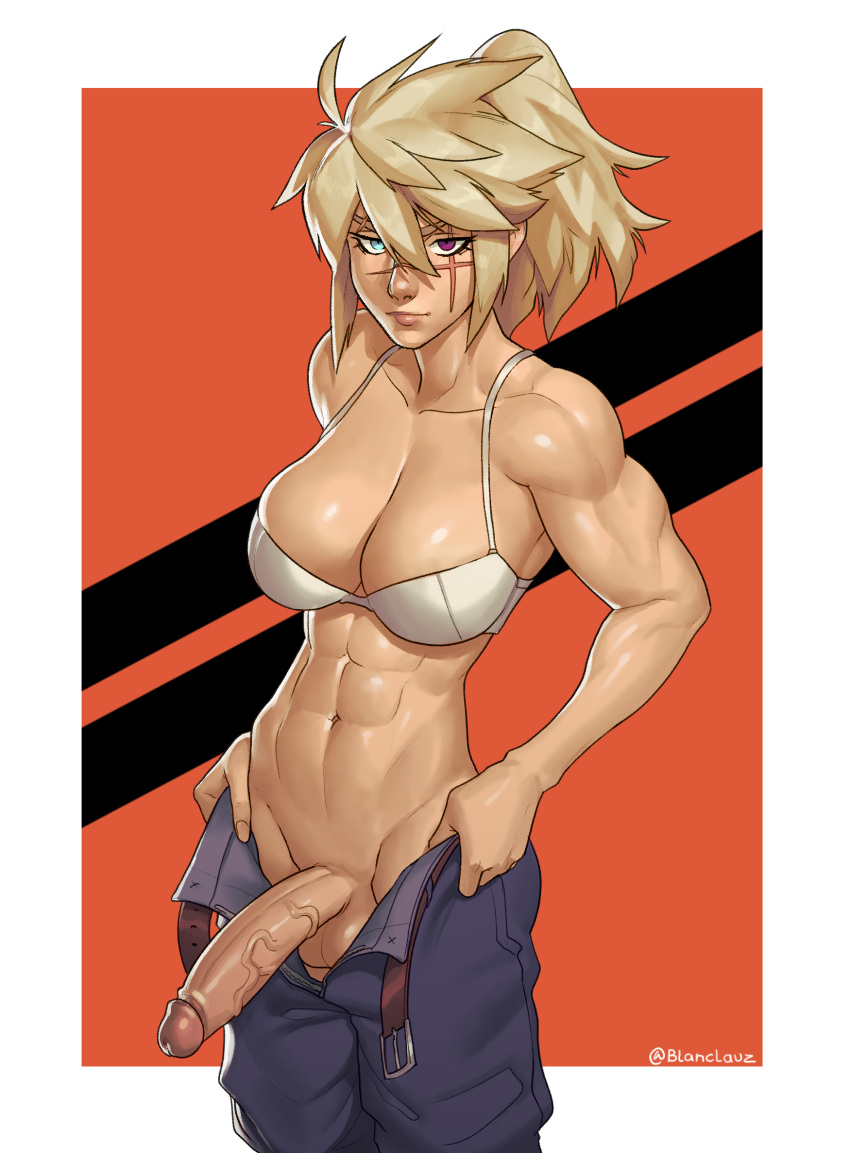 1girl abs ahoge belt biceps black_pants blanclauz blonde_hair blue_eyes border bra breasts commentary commission cross_scar english_commentary erection fingernails futanari g_(golgo) heterochromia highres large_breasts large_penis lips long_hair looking_at_viewer muscular muscular_female navel no_panties non-web_source nose open_belt open_fly orange_background original outside_border pants penis ponytail purple_eyes scar scar_across_eye scar_on_face scar_on_nose second-party_source solo twitter_username uncensored underwear veins veiny_penis white_border white_bra