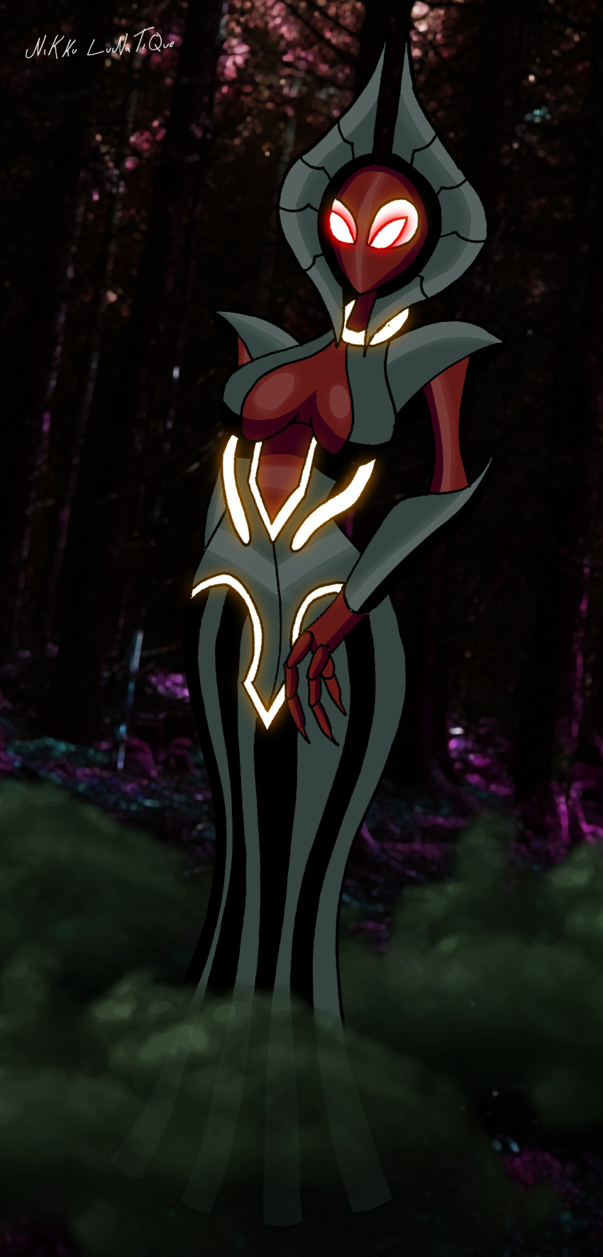 3_fingers absurd_res alien big_breasts breasts clothed clothing dress female fingers flatwoods_monster fog forest glowing glowing_eyes glowing_markings green_body hi_res humanoid markings night nikku_lunatique not_furry plant red_body red_eyes solo thick_thighs tree
