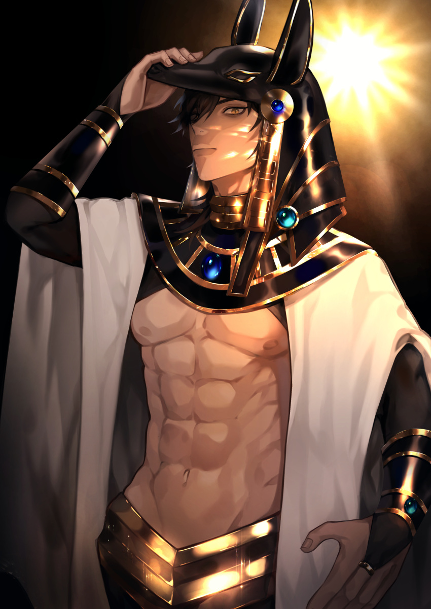 1boy abs absurdres arm_up bare_pectorals brown_hair cloak closed_mouth commentary_request dark_skin fate/grand_order fate_(series) fingernails hair_between_eyes helmet highres long_sleeves male_focus navel ozymandias_(fate) partial_commentary pectorals pymal2 short_hair solo upper_body white_cloak yellow_eyes