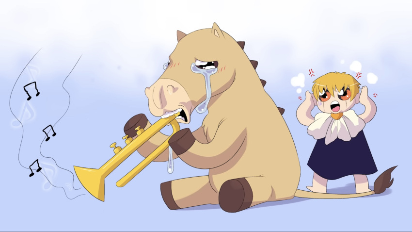 ambiguous_gender anthro bodily_fluids brass_instrument clothed clothing crying drawfee duo equid equine hi_res hooves horse human karina_farek mammal musical_instrument musical_note playing_music ponygon tail tail_tuft tears trumpet tuft wind_instrument zatch_bell zatch_bell!