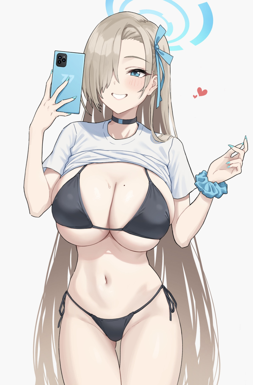1girl absurdres alternate_costume asuna_(blue_archive) bikini black_bikini black_choker blonde_hair blue_archive blue_eyes breasts cellphone chagama_teishoku choker clothes_lift grin hair_over_one_eye halo highres holding holding_phone large_breasts long_hair mole mole_on_breast navel phone scrunchie selfie shirt_lift sideboob simple_background skindentation smartphone smile solo stomach swimsuit underboob very_long_hair white_background wrist_scrunchie