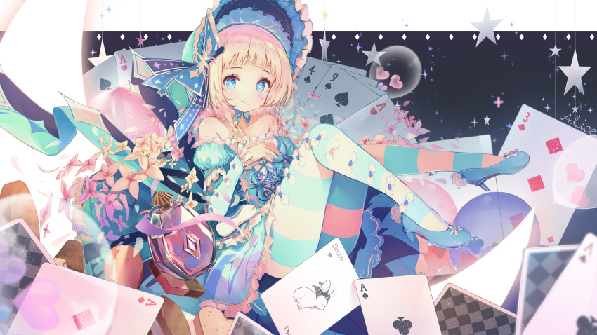 1girl absurdres alice_(alice_in_wonderland) alice_in_wonderland arched_bangs bare_shoulders blonde_hair blue_eyes blue_footwear bottle bow bow_legwear card character_name closed_mouth club_(shape) collarbone commentary diamond_(shape) dress eunip facial_mark flower frilled_dress frilled_headwear frills hair_bow heart highres looking_at_viewer off-shoulder_dress off_shoulder perfume_bottle playing_card rabbit solo spade_(shape) star-shaped_pupils star_(symbol) star_facial_mark striped striped_thighhighs symbol-shaped_pupils thighhighs two-tone_thighhighs