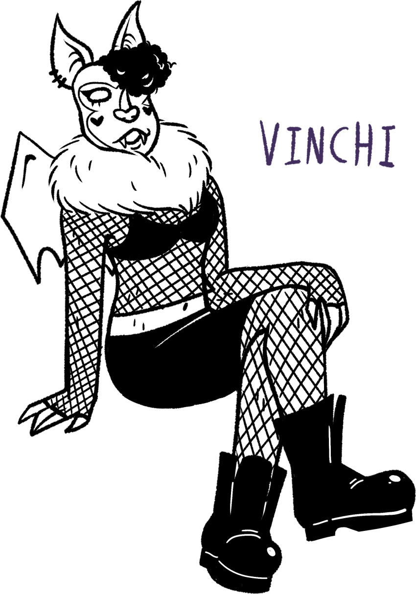 2023 absurd_res ambiguous_gender anthro bat black_and_white blarf022 boots clothing fishnet fishnet_clothing fishnet_legwear fishnet_topwear footwear hi_res honduran_white_bat leaf-nosed_bat legwear mammal microbat monochrome nonbinary_(lore) sitting topwear vinchi_von_bat_(blarf022) wings yangochiropteran