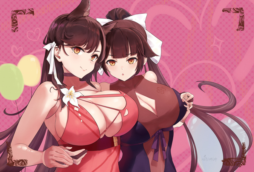 2girls absurdres alternate_costume animal_ears atago_(azur_lane) azur_lane breast_envy breasts brown_hair center_opening choker cleavage cleavage_cutout clothing_cutout dog_ears dress flower gloves hair_flower hair_ornament hair_ribbon half_gloves highres huge_breasts long_hair looking_at_another looking_at_breasts looking_at_viewer mole mole_under_eye multiple_girls orange_eyes pink_dress pink_gloves purple_choker purple_dress ribbon ruan_weidao sleeveless sleeveless_dress takao_(azur_lane) upper_body very_long_hair white_flower white_ribbon