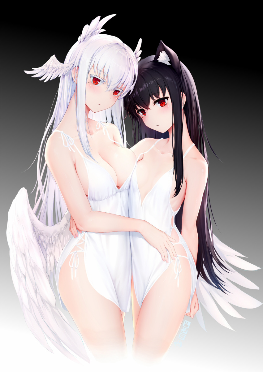 2girls absurdres animal_ears arm_around_neck asymmetrical_docking bare_shoulders black_hair blush breast_press breasts cat_ears cat_girl cat_tail character_request closed_mouth collarbone cropped_legs dress feathered_wings gradient_background grey_background head_wings highres indie_virtual_youtuber large_breasts long_hair looking_at_viewer mole mole_under_eye multiple_girls red_eyes shibanme_tekikumo signature sleeveless sleeveless_dress small_breasts tail very_long_hair virtual_youtuber white_dress white_wings wings xingye