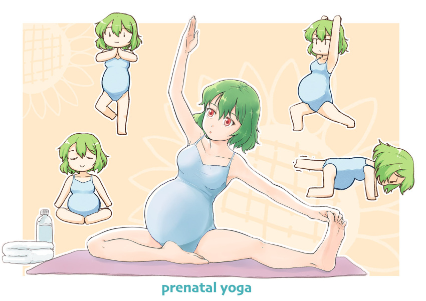 1girl :o all_fours arm_up arms_up bare_legs barefoot big_belly blue_leotard bottle breasts butterfly_sitting chibi commentary_request commission english_text exercise flower frown green_hair hair_between_eyes highres kazami_yuuka leg_up leotard medium_breasts multiple_views mutou_youshun on_floor pregnant red_eyes short_hair sitting skeb_commission smile standing standing_on_one_leg stretching sunflower toes touching_toes touhou towel water_bottle yoga yoga_mat