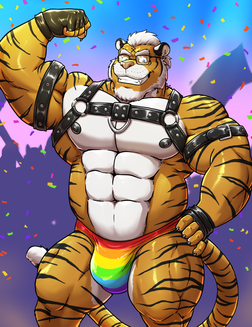 abs anthro asyr beard big_pecs bulge clothing confetti diamond_(marking) eyewear facial_hair felid fur glasses gloves gojho handwear harness hi_res leather male male/male mammal markings musclegut muscular muscular_anthro muscular_male nipples pantherine pecs pride rainbow_speedo solo speedo stripes swimwear tiger yellow_body yellow_fur