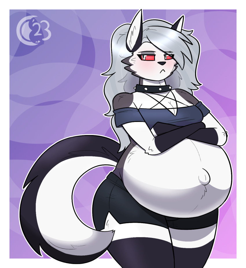 anthro blush canid canid_demon chocend crossed_arms demon exposed_belly female hellhound helluva_boss hi_res loona_(helluva_boss) mammal navel outie_navel pregnant pregnant_female solo watermark