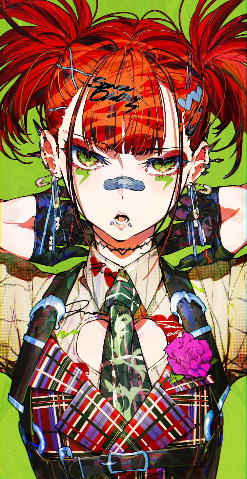 1girl absurdres arms_behind_head bandaid bandaid_on_face bandaid_on_nose belt black_gloves character_request cleavage_cutout clothing_cutout collared_shirt copyright_request facing_viewer gloves green_background green_eyes highres long_hair looking_at_viewer mika_pikazo necktie open_mouth red_hair shirt simple_background solo upper_body