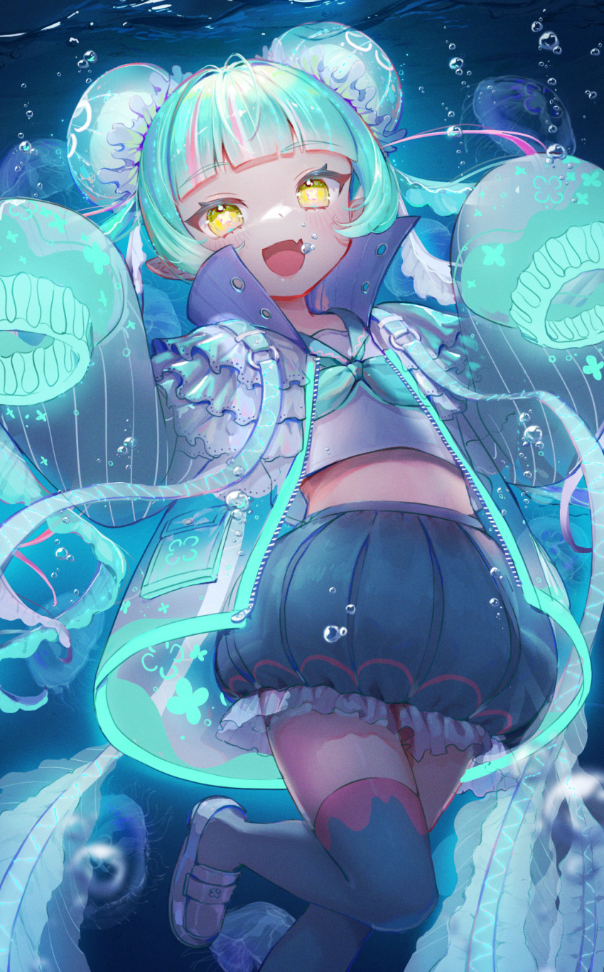 1girl :d blunt_bangs blush bubble_skirt bun_cover double_bun fang flower-shaped_pupils frilled_jacket frilled_skirt frills gaogao_(gaogaomegu) glowing_clothes green_hair green_neckerchief green_sailor_collar grey_thighhighs hair_bun hands_up highres jacket jellyfish_hair_ornament loafers long_hair looking_at_viewer miniskirt multicolored_hair neckerchief open_clothes open_jacket open_mouth original oversized_clothes pointy_ears sailor_collar sailor_shirt see-through see-through_jacket shirt shoes short_hair_with_long_locks skin_fang skirt sleeves_past_fingers sleeves_past_wrists smile solo streaked_hair symbol-shaped_pupils thighhighs underwater w_arms white_footwear yellow_eyes zettai_ryouiki