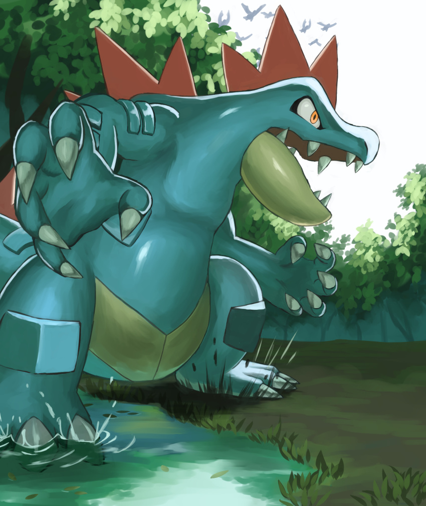 claws commentary_request day feraligatr grass highres jira_(ziraiya26) no_humans open_mouth orange_eyes outdoors pokemon pokemon_(creature) sharp_teeth solo standing teeth water