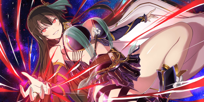 1girl armor belt belt_buckle bikini_armor black_hair blush breasts brown_belt buckle cape elbow_gloves faulds flower gloves grin hairband highres kagura_(senran_kagura) large_breasts long_hair looking_at_viewer midriff official_alternate_costume official_art red_eyes senran_kagura senran_kagura_new_link single_thighhigh sky smile solo star_(sky) starry_sky symbol-shaped_pupils thighhighs underwear very_long_hair yaegashi_nan