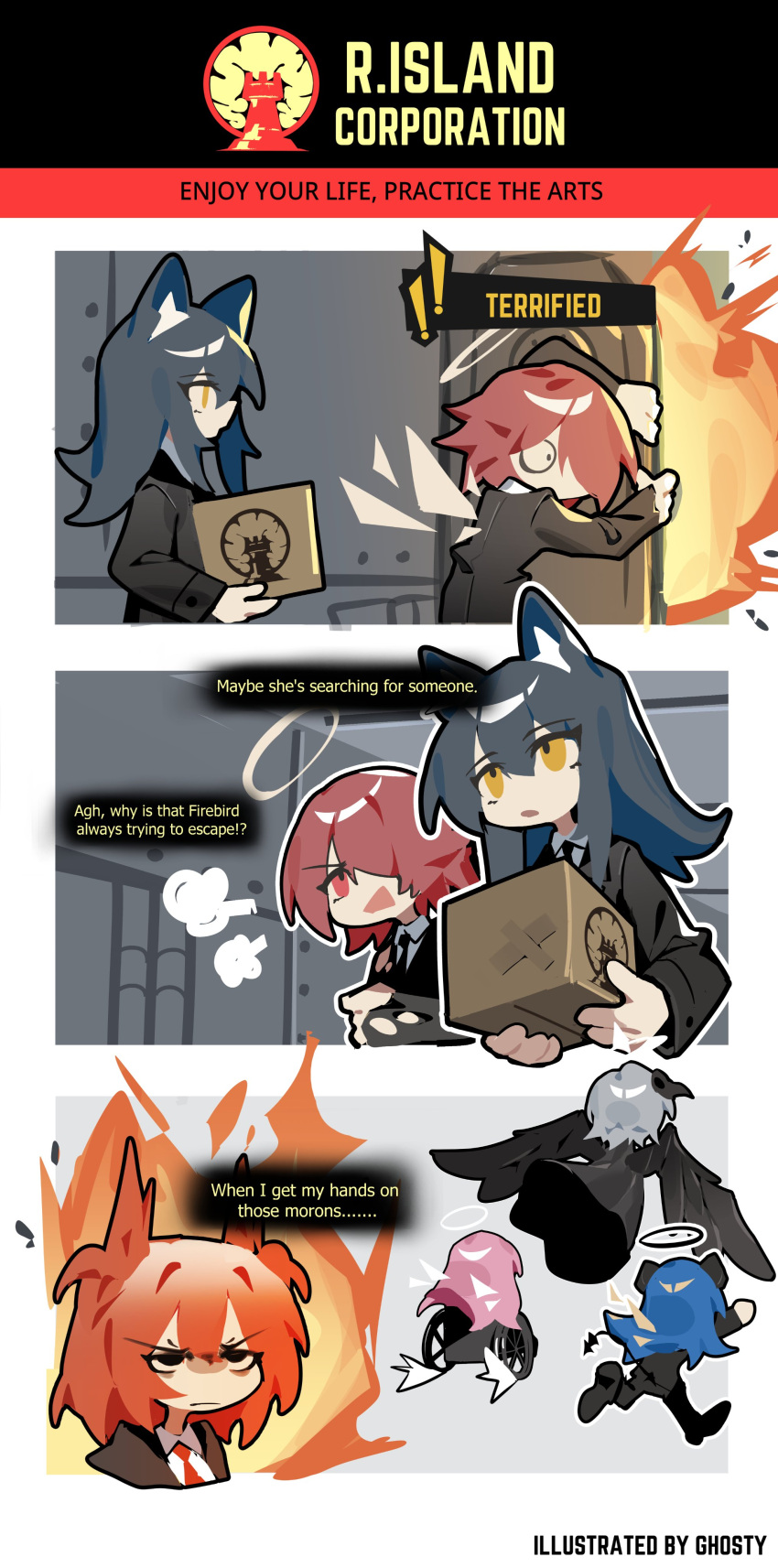 ! absurdres ambriel_(arknights) angel angry animal_ears arknights black_halo black_necktie black_suit blue_hair box cardboard_box character_request chibi demon_tail detached_wings energy_wings explosion exusiai_(arknights) fiammetta_(arknights) firebird_(lobotomy_corporation) gameplay_mechanics ghost_(tama) grey_hair halo highres holding holding_box lobotomy_corporation lobotomy_corporation_logo mostima_(arknights) necktie open_mouth pink_hair project_moon red_eyes red_necktie rhodes_island_logo scared suit tail texas_(arknights) wheelchair wings wolf_ears wolf_girl yellow_eyes